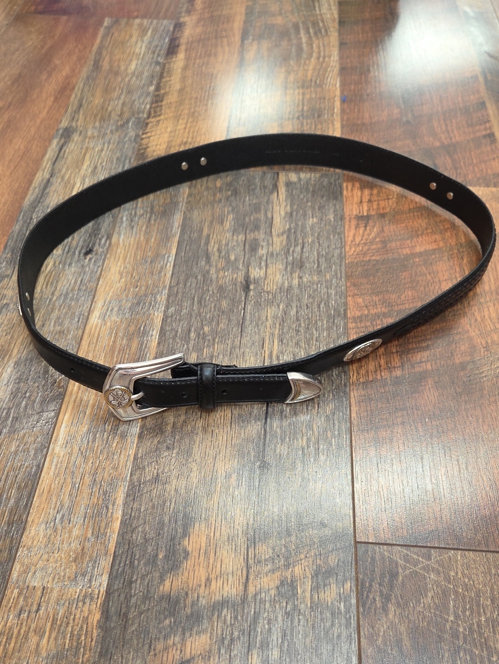 Black Genuine Saddle Leather Belt With Silver Conchos Golf Club Motif, Size 38